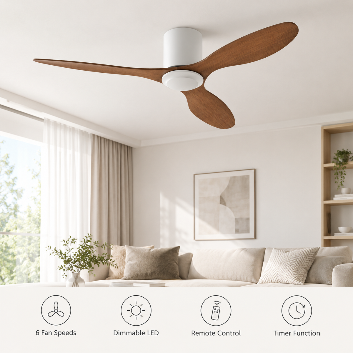 25/42/52Inch Ultra-Thin DC Ceiling Fan with Remote - 6-Speed Silent 3 Blades, Ideal for Low Ceilings & Minim Spaces Energy - Fonctionnalitées