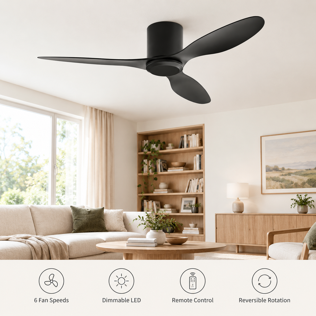 25/42/52Inch Ultra-Thin DC Ceiling Fan with Remote - 6-Speed Silent 3 Blades, Ideal for Low Ceilings & Minim Spaces Energy - Fonctionnalitées