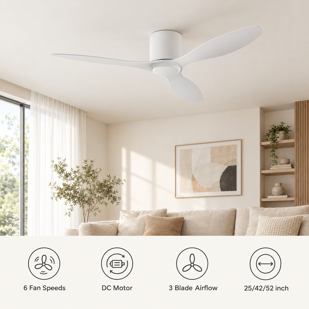 25/42/52Inch Ultra-Thin DC Ceiling Fan with Remote - 6-Speed Silent 3 Blades, Ideal for Low Ceilings & Minim Spaces Energy - Fonctionnalitées