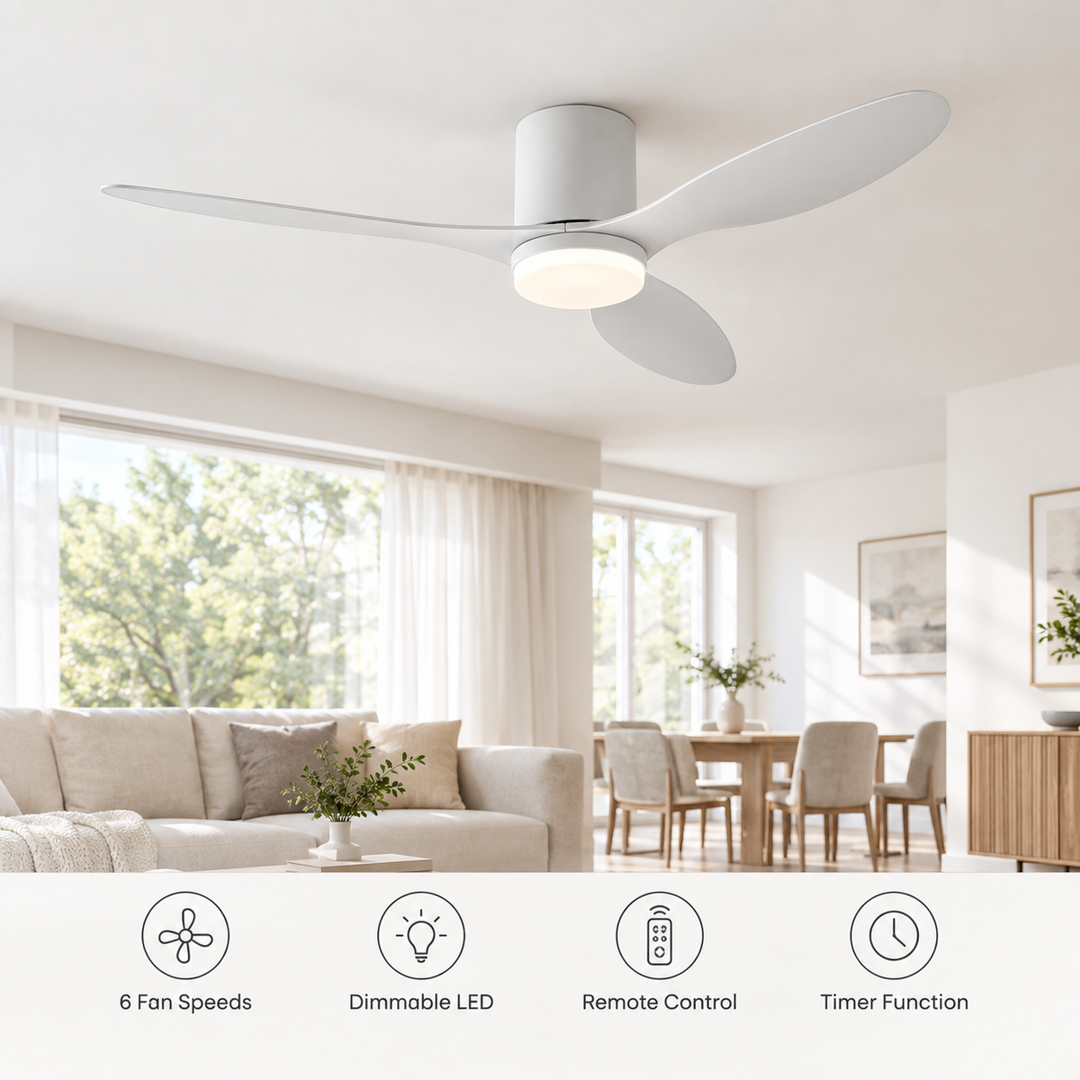 25/42/52Inch Ultra-Thin DC Ceiling Fan with Remote - 6-Speed Silent 3 Blades, Ideal for Low Ceilings & Minim Spaces Energy - Fonctionnalitées
