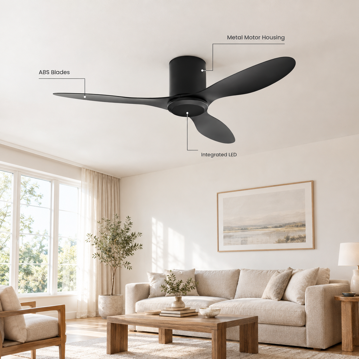 25/42/52Inch Ultra-Thin DC Ceiling Fan with Remote - 6-Speed Silent 3 Blades, Ideal for Low Ceilings & Minim Spaces Energy - Specs
