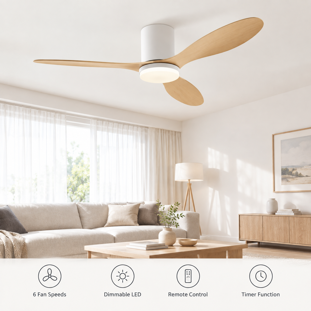 25/42/52Inch Ultra-Thin DC Ceiling Fan with Remote - 6-Speed Silent 3 Blades, Ideal for Low Ceilings & Minim Spaces Energy - Fonctionnalitées