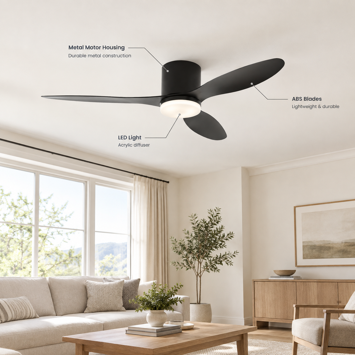 25/42/52Inch Ultra-Thin DC Ceiling Fan with Remote - 6-Speed Silent 3 Blades, Ideal for Low Ceilings & Minim Spaces Energy - Specs