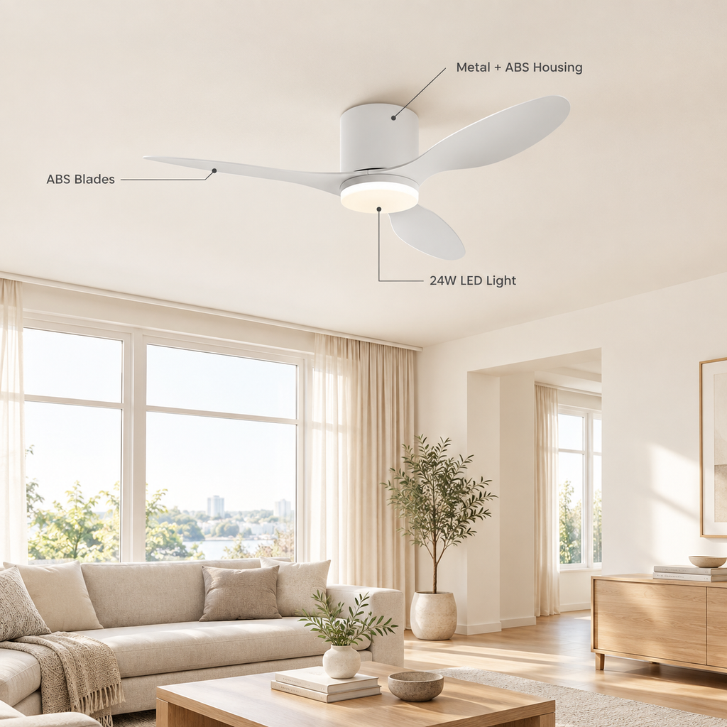 25/42/52Inch Ultra-Thin DC Ceiling Fan with Remote - 6-Speed Silent 3 Blades, Ideal for Low Ceilings & Minim Spaces Energy - Specs