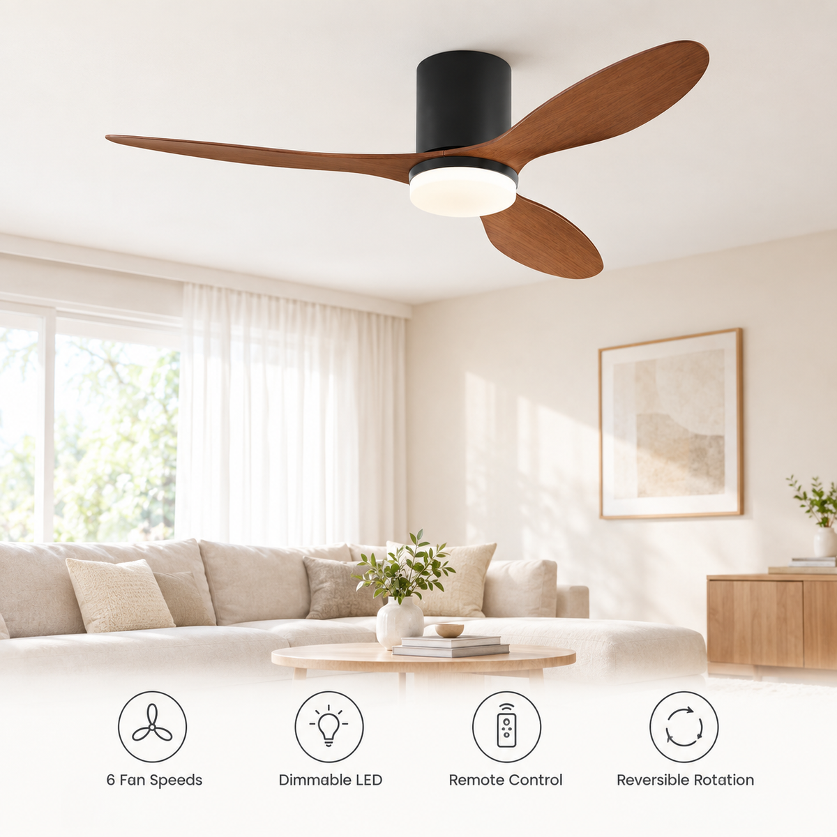 25/42/52Inch Ultra-Thin DC Ceiling Fan with Remote - 6-Speed Silent 3 Blades, Ideal for Low Ceilings & Minim Spaces Energy - Fonctionnalitées