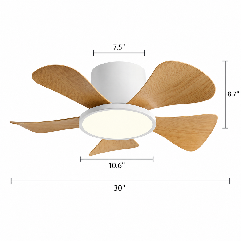 30 Inch Inverter Ceiling Fan with 40W LED Light Quiet, Full - Spectrum Eye - Care Lighting for Small Bedroom/Living Room - Dimensions