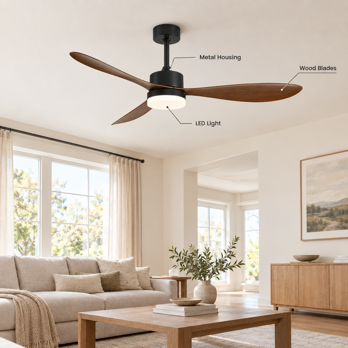 36/42/52 Inch Ceiling Fan Industrial Vintage ABS Ventilator with Light Remote Control Decorative Blower Retro Large Fans - Specs