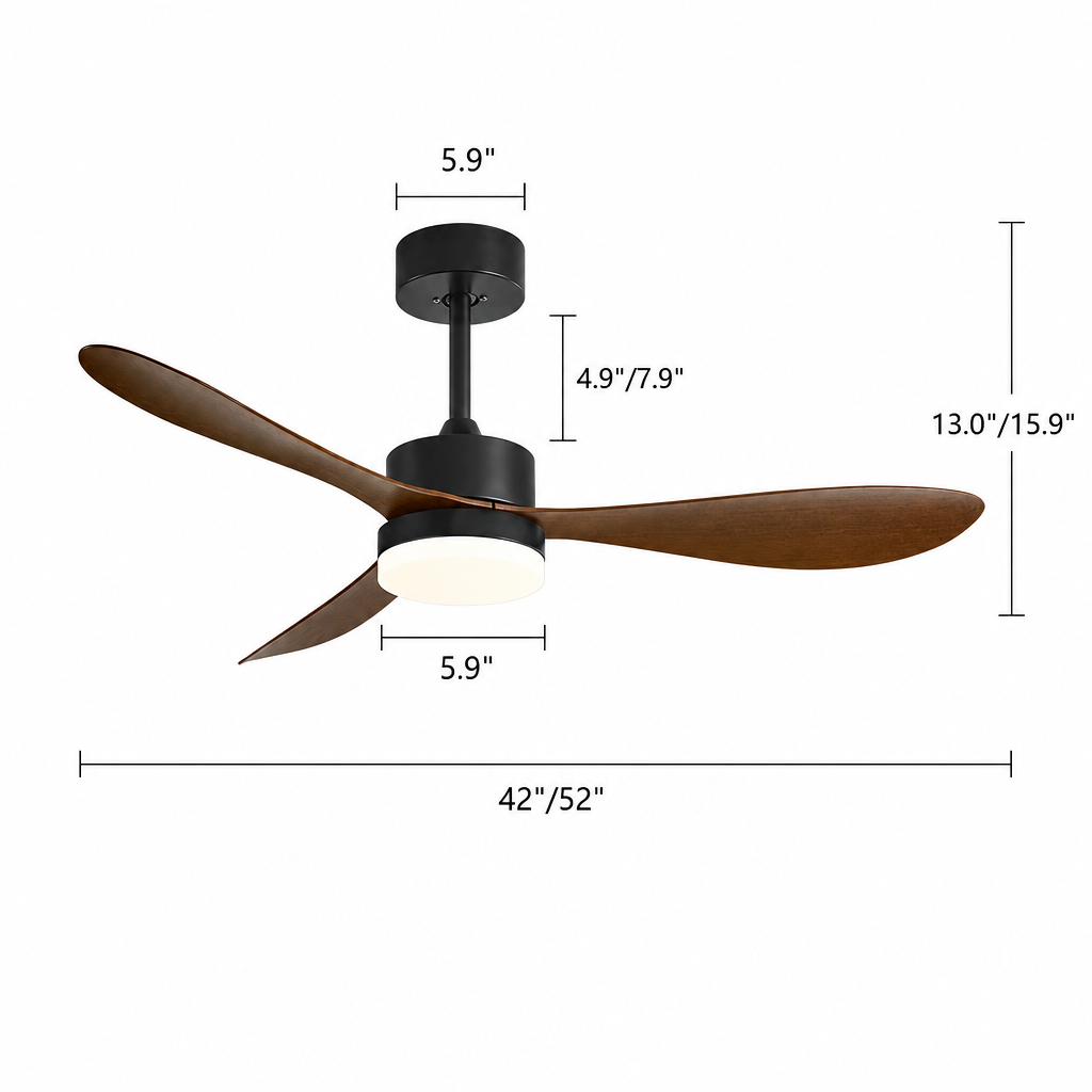 36/42/52 Inch Ceiling Fan Industrial Vintage ABS Ventilator with Light Remote Control Decorative Blower Retro Large Fans - Dimensions