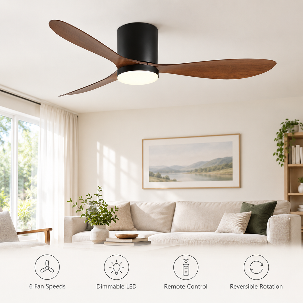 36/42/52 Inch Low Floor DC Motor Ceiling Fan with LED Light and Remote - 6-Speed Silent Deal for Bedroom Coffee Shop Home Hotel - Fonctionnalitées