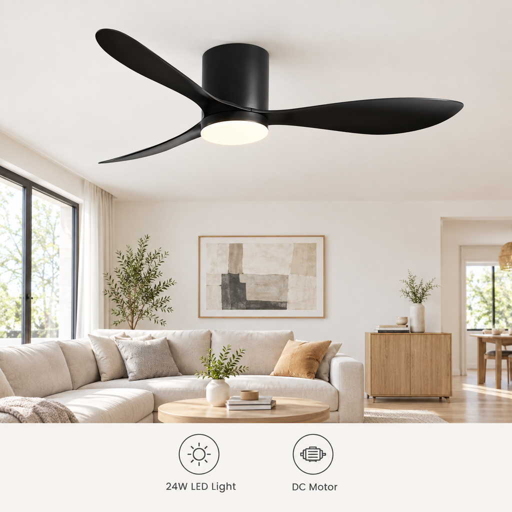 36/42/52 Inch Low Floor DC Motor Ceiling Fan with LED Light and Remote - 6-Speed Silent Deal for Bedroom Coffee Shop Home Hotel - Fonctionnalitées
