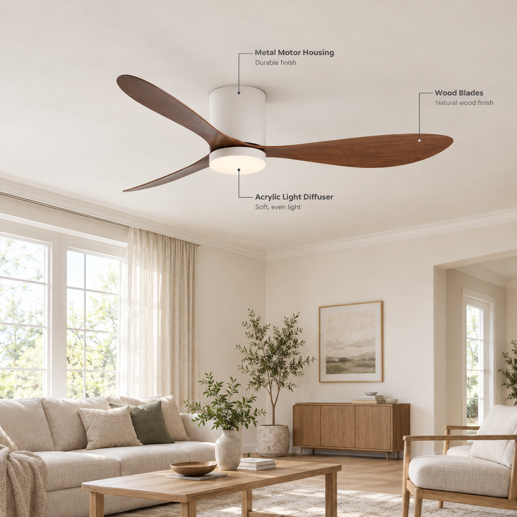 36/42/52 Inch Low Floor DC Motor Ceiling Fan with LED Light and Remote - 6-Speed Silent Deal for Bedroom Coffee Shop Home Hotel - Specs