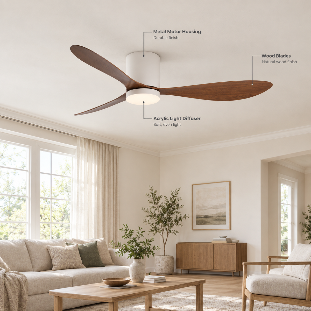 36/42/52 Inch Low Floor DC Motor Ceiling Fan with LED Light and Remote - 6-Speed Silent Deal for Bedroom Coffee Shop Home Hotel - Specs
