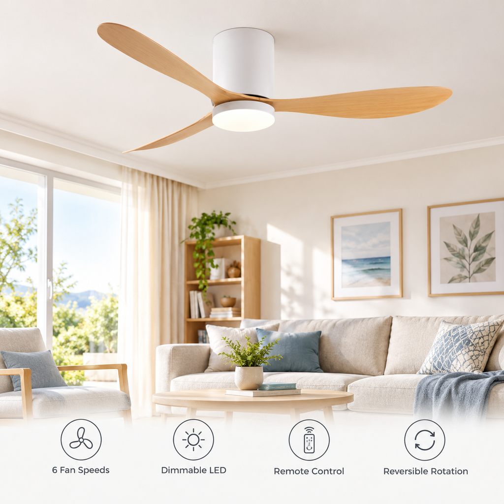 36/42/52 Inch Low Floor DC Motor Ceiling Fan with LED Light and Remote - 6-Speed Silent Deal for Bedroom Coffee Shop Home Hotel - Fonctionnalitées
