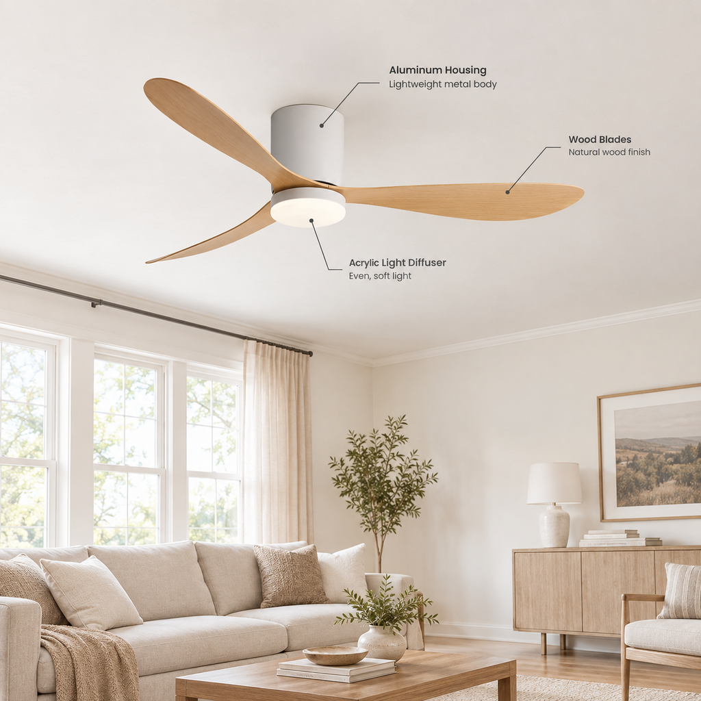 36/42/52 Inch Low Floor DC Motor Ceiling Fan with LED Light and Remote - 6-Speed Silent Deal for Bedroom Coffee Shop Home Hotel - Specs