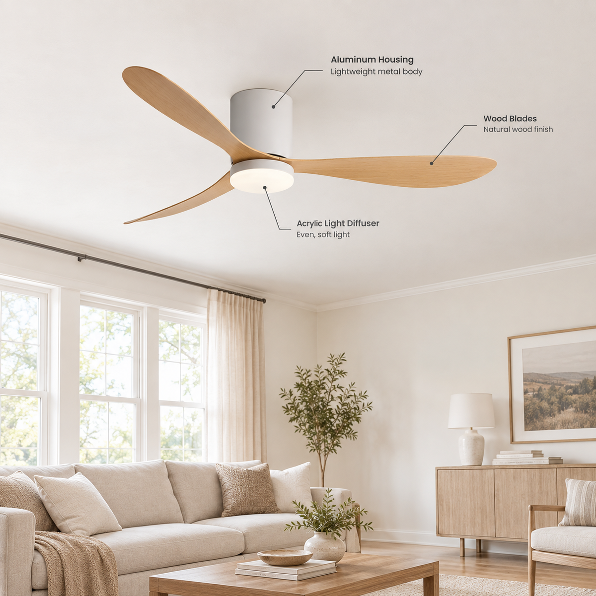 36/42/52 Inch Low Floor DC Motor Ceiling Fan with LED Light and Remote - 6-Speed Silent Deal for Bedroom Coffee Shop Home Hotel - Specs