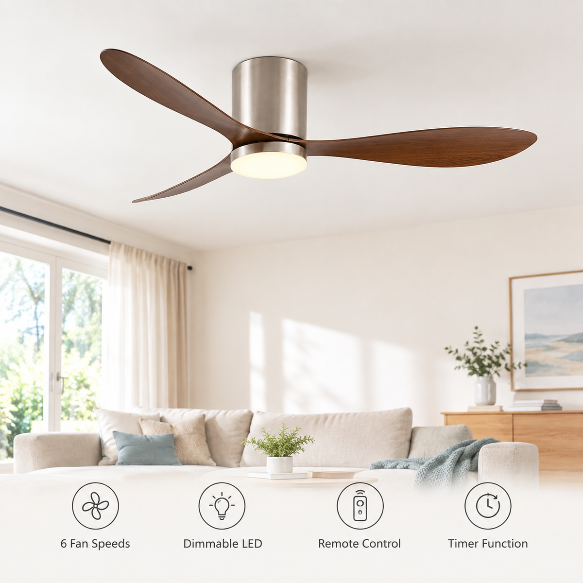 36/42/52 Inch Low Floor DC Motor Ceiling Fan with LED Light and Remote - 6-Speed Silent Deal for Bedroom Coffee Shop Home Hotel - Fonctionnalitées