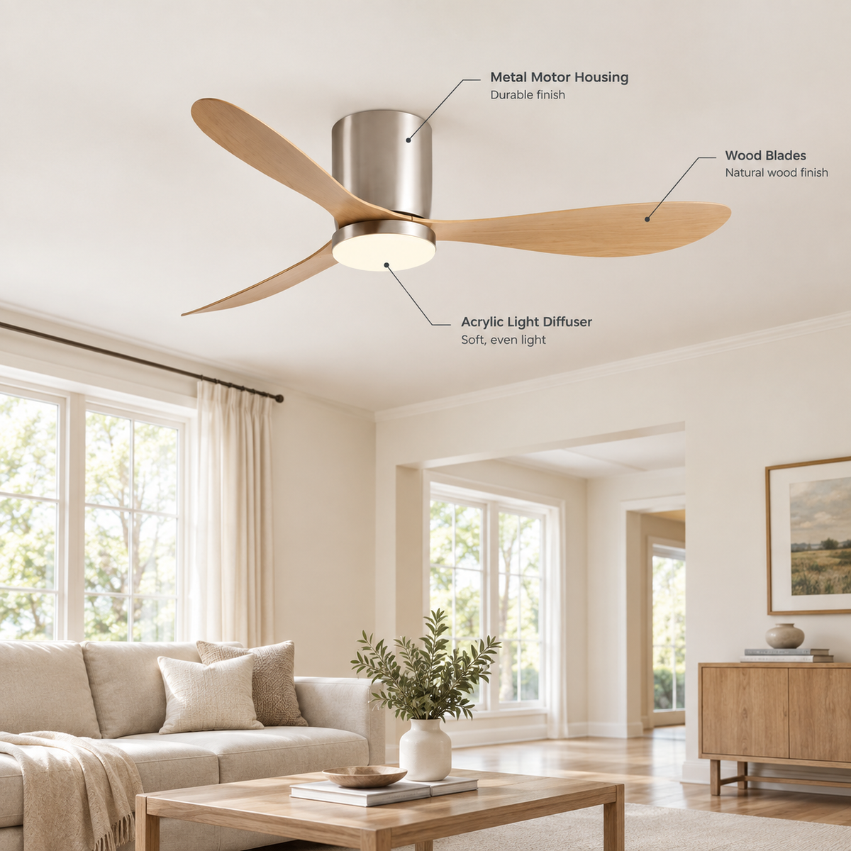 36/42/52 Inch Low Floor DC Motor Ceiling Fan with LED Light and Remote - 6-Speed Silent Deal for Bedroom Coffee Shop Home Hotel - Specs