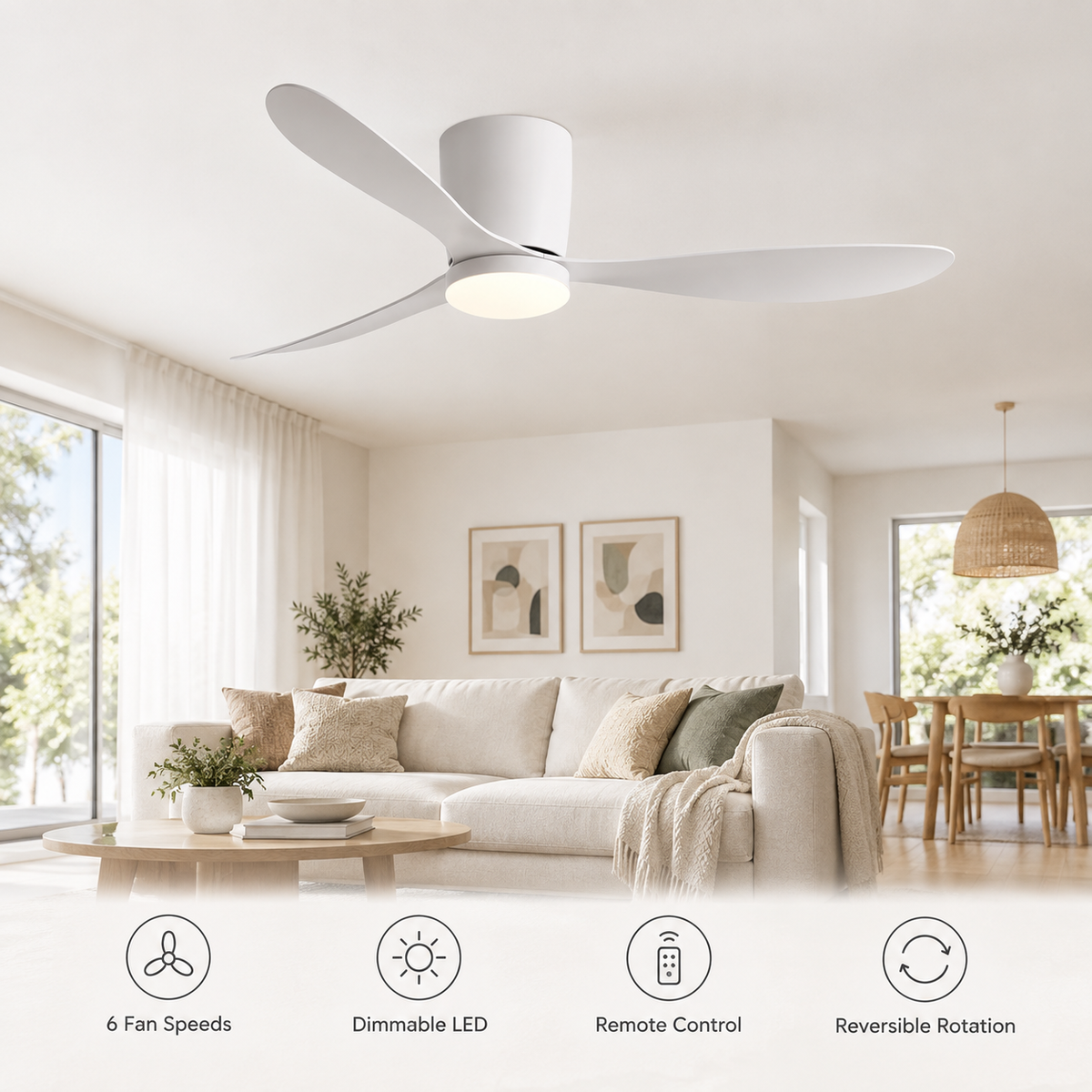 36/42/52 Inch Low Floor DC Motor Ceiling Fan with LED Light and Remote - 6-Speed Silent Deal for Bedroom Coffee Shop Home Hotel - Fonctionnalitées