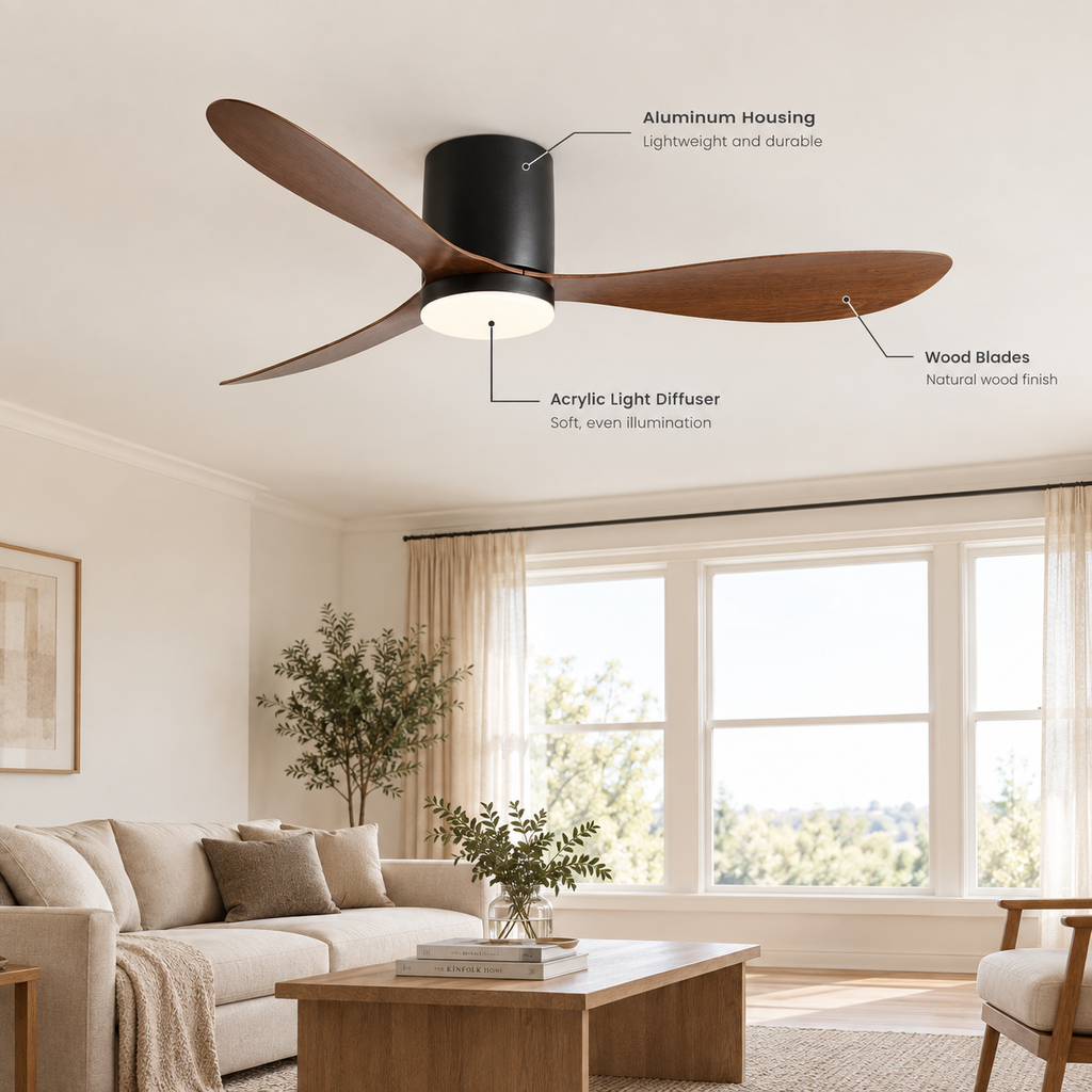 36/42/52 Inch Low Floor DC Motor Ceiling Fan with LED Light and Remote - 6-Speed Silent Deal for Bedroom Coffee Shop Home Hotel - Specs