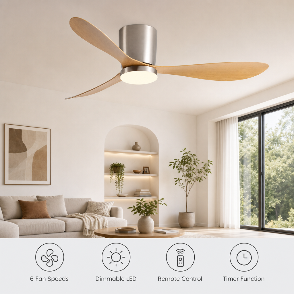 36/42/52 Inch Low Floor DC Motor Ceiling Fan with LED Light and Remote - 6-Speed Silent Deal for Bedroom Coffee Shop Home Hotel - Fonctionnalitées