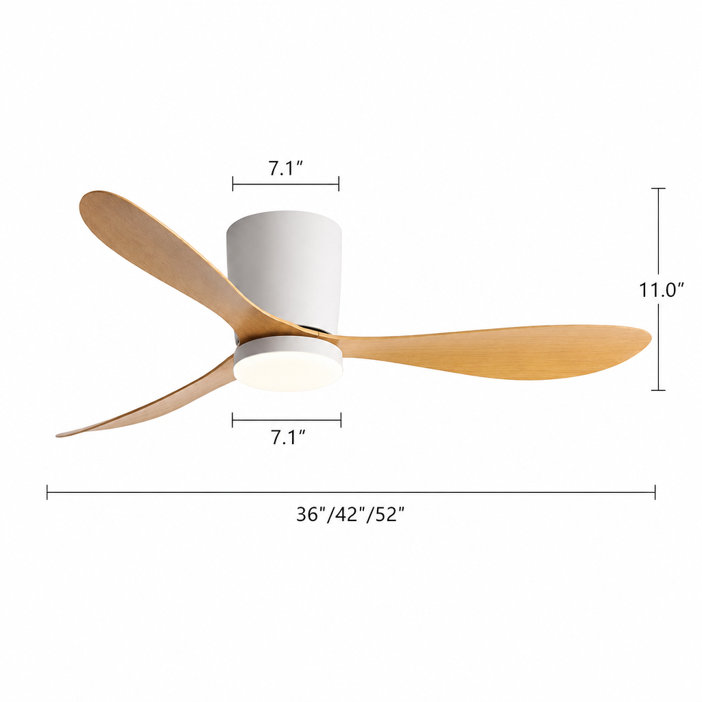 36/42/52 Inch Low Floor DC Motor Ceiling Fan with LED Light and Remote - 6-Speed Silent Deal for Bedroom Coffee Shop Home Hotel - Dimensions