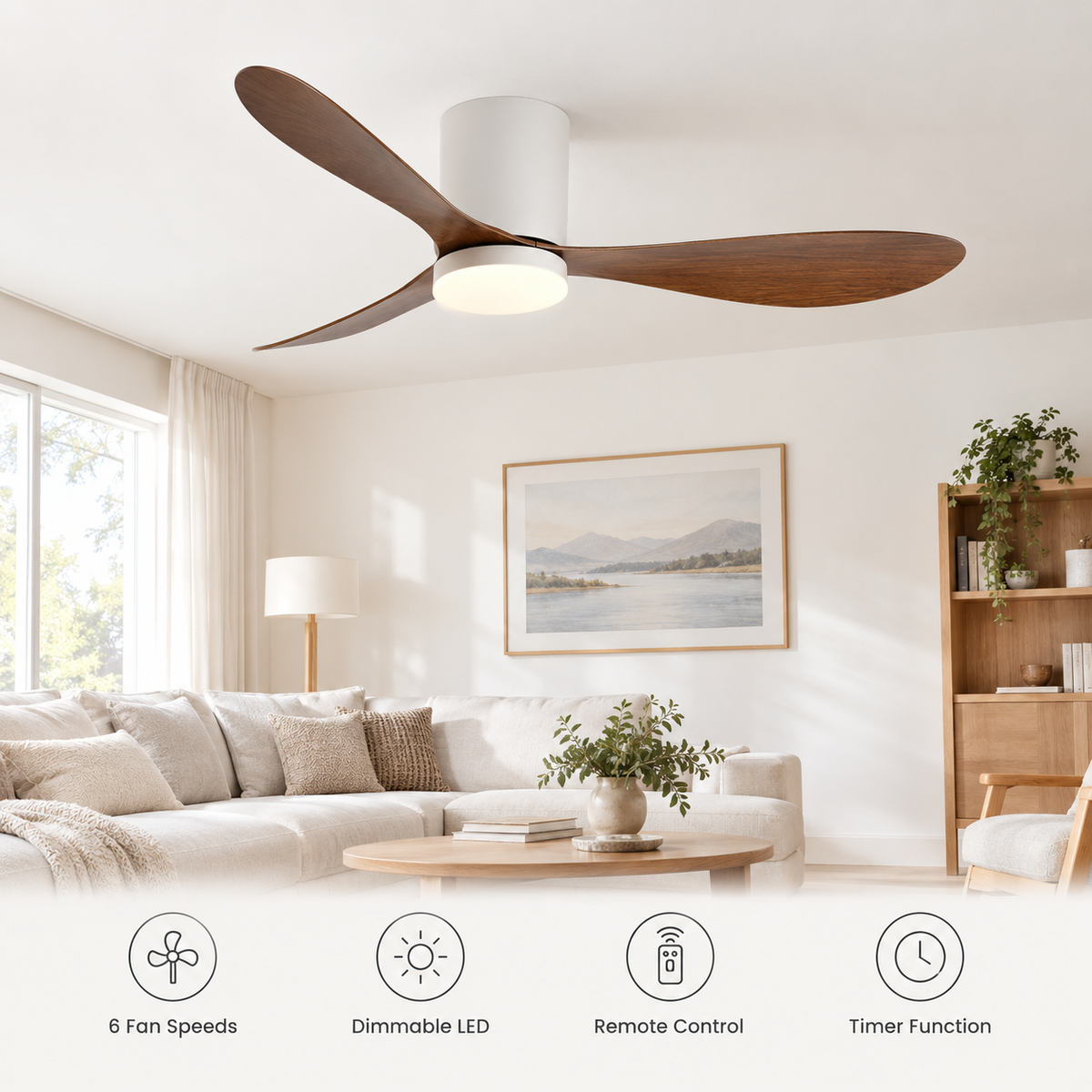 36/42/52 Inch Low Floor DC Motor Ceiling Fan with LED Light and Remote - 6-Speed Silent Deal for Bedroom Coffee Shop Home Hotel - Fonctionnalitées