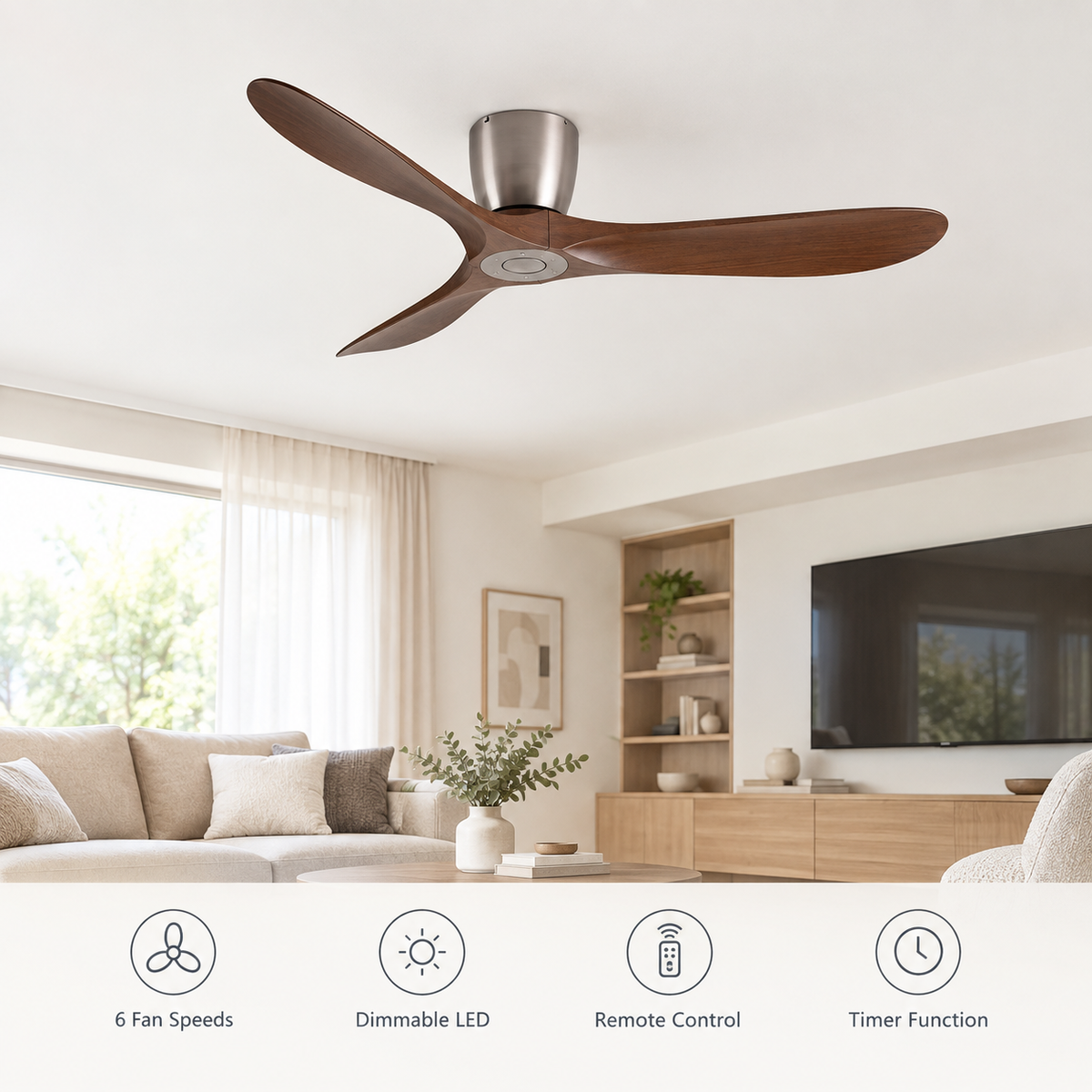 36/42/52 Inch Low Floor DC Motor Ceiling Fan with Light and Remote - 6-Speed Silent Deal NO Light for Low Ceilings for Bedroom - Fonctionnalitées