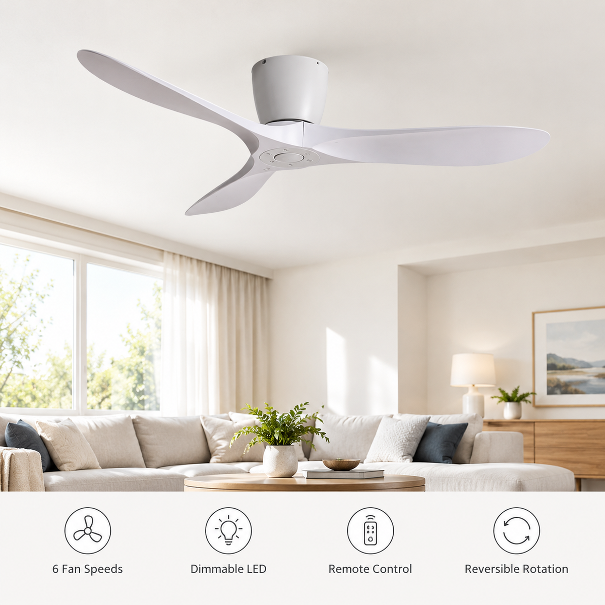 36/42/52 Inch Low Floor DC Motor Ceiling Fan with Light and Remote - 6-Speed Silent Deal NO Light for Low Ceilings for Bedroom - Fonctionnalitées
