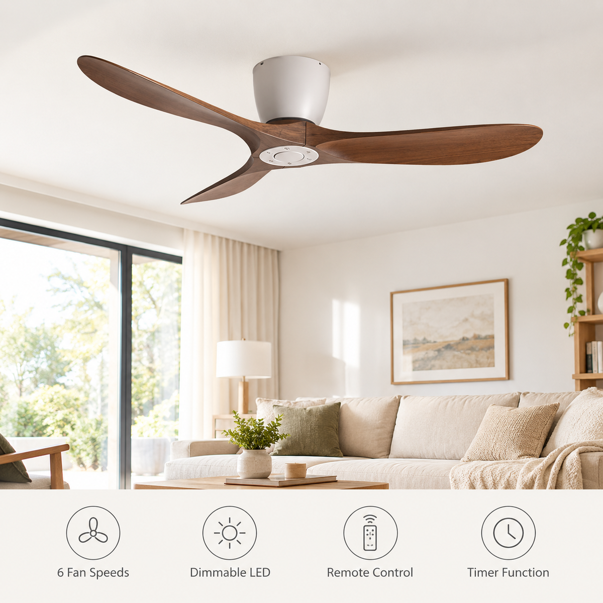36/42/52 Inch Low Floor DC Motor Ceiling Fan with Light and Remote - 6-Speed Silent Deal NO Light for Low Ceilings for Bedroom - Fonctionnalitées