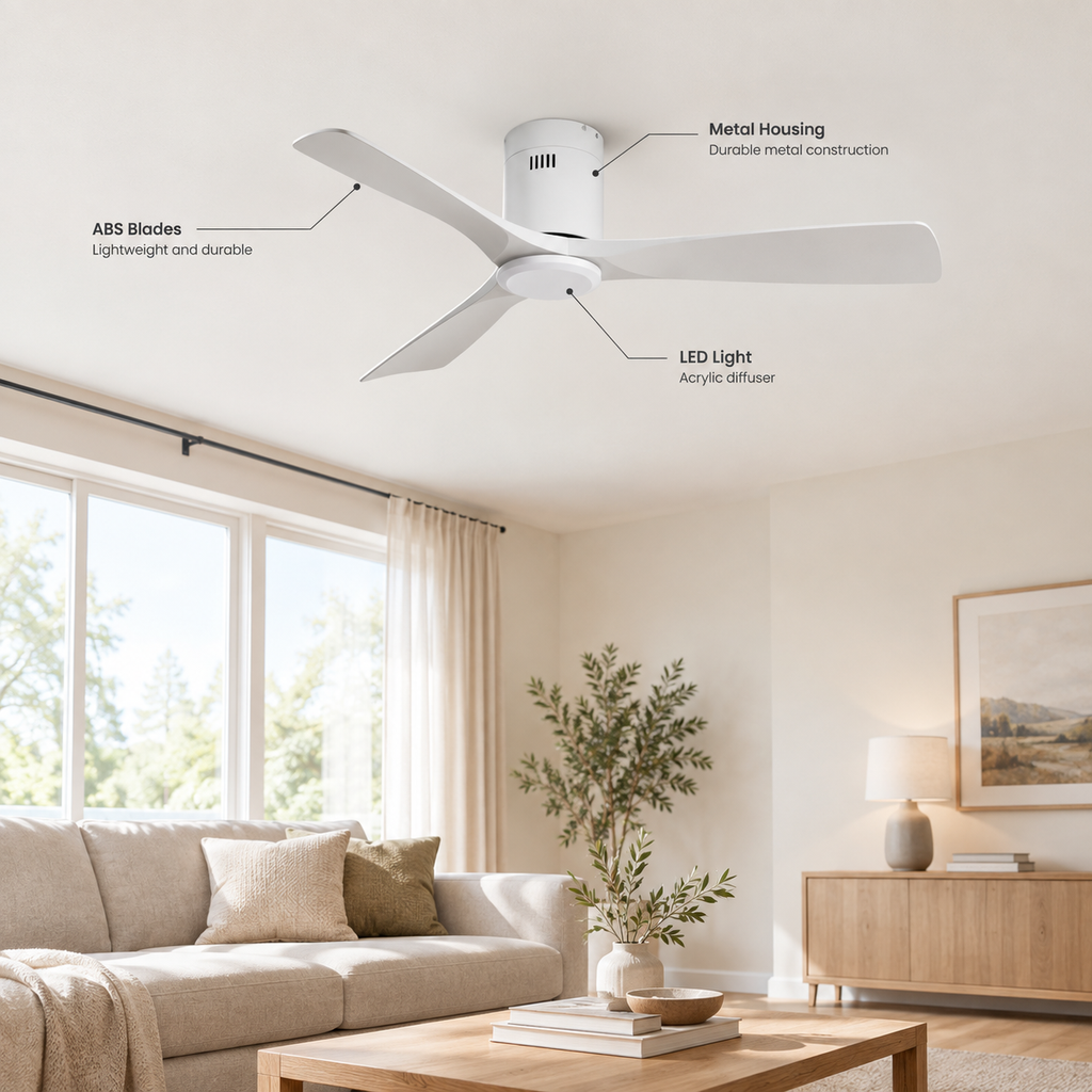 36/42/52 Inch Ultra-Thin DC Motor Ceiling Fan with Light and Remote - 6-Speed Silent Deal NO Light for Low Ceilings for Bedroom - Specs