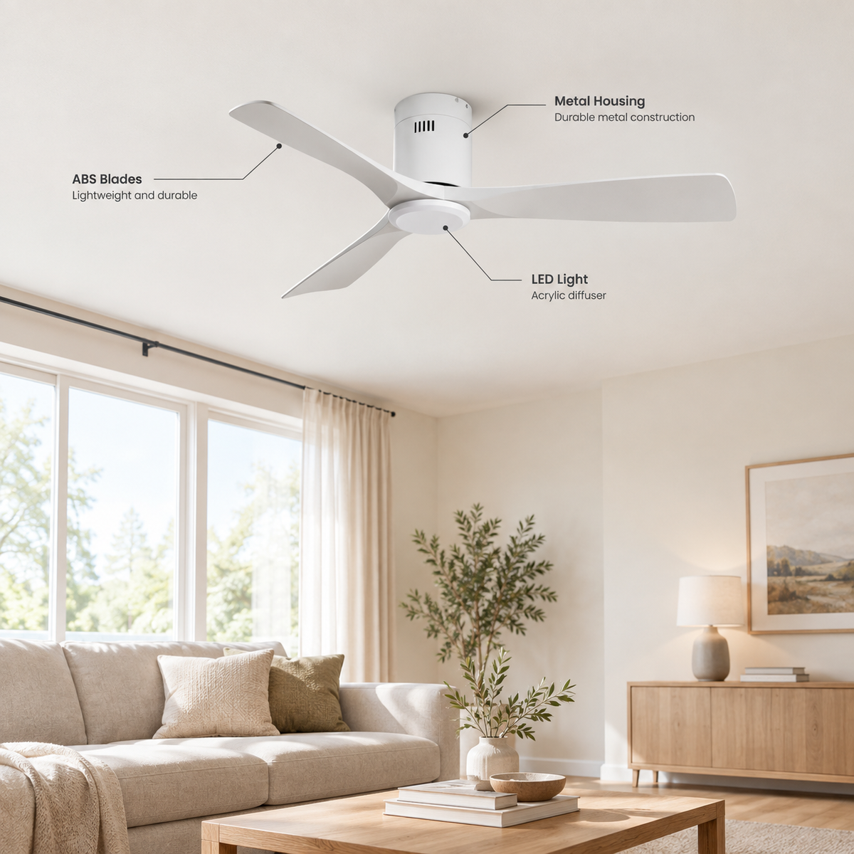 36/42/52 Inch Ultra-Thin DC Motor Ceiling Fan with Light and Remote - 6-Speed Silent Deal NO Light for Low Ceilings for Bedroom - Specs