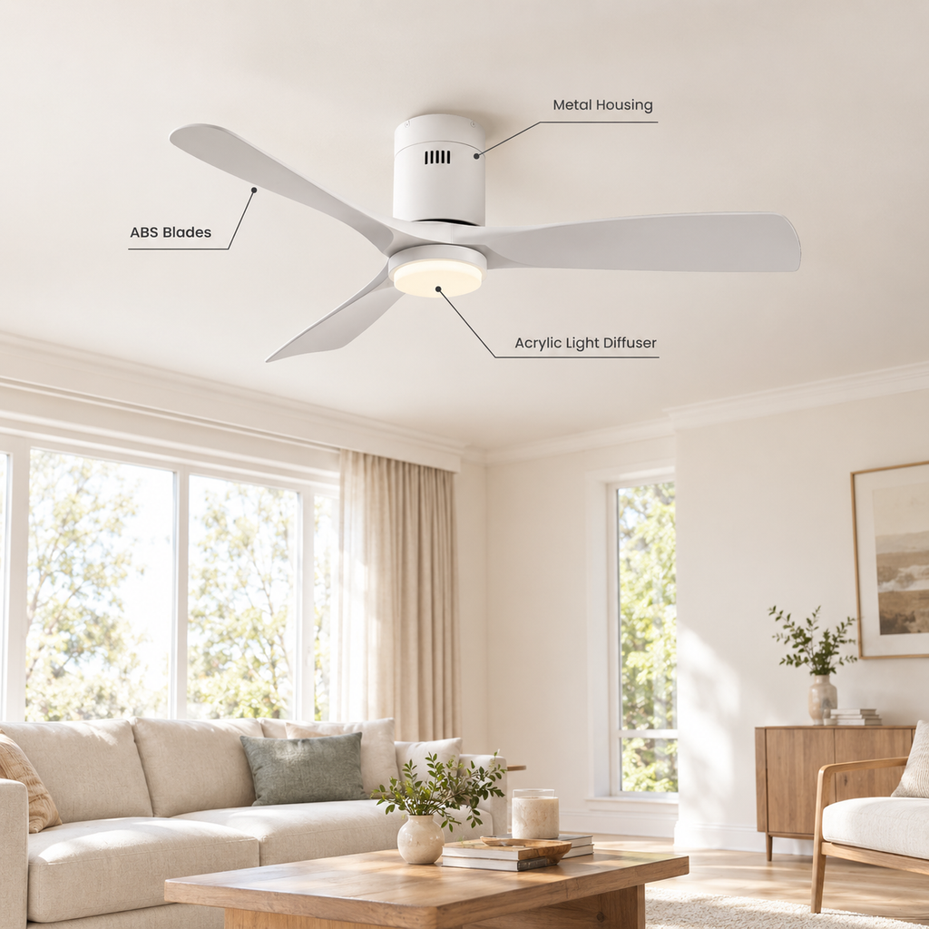 36/42/52 Inch Ultra-Thin DC Motor Ceiling Fan with Light and Remote - 6-Speed Silent Deal NO Light for Low Ceilings for Bedroom - Specs