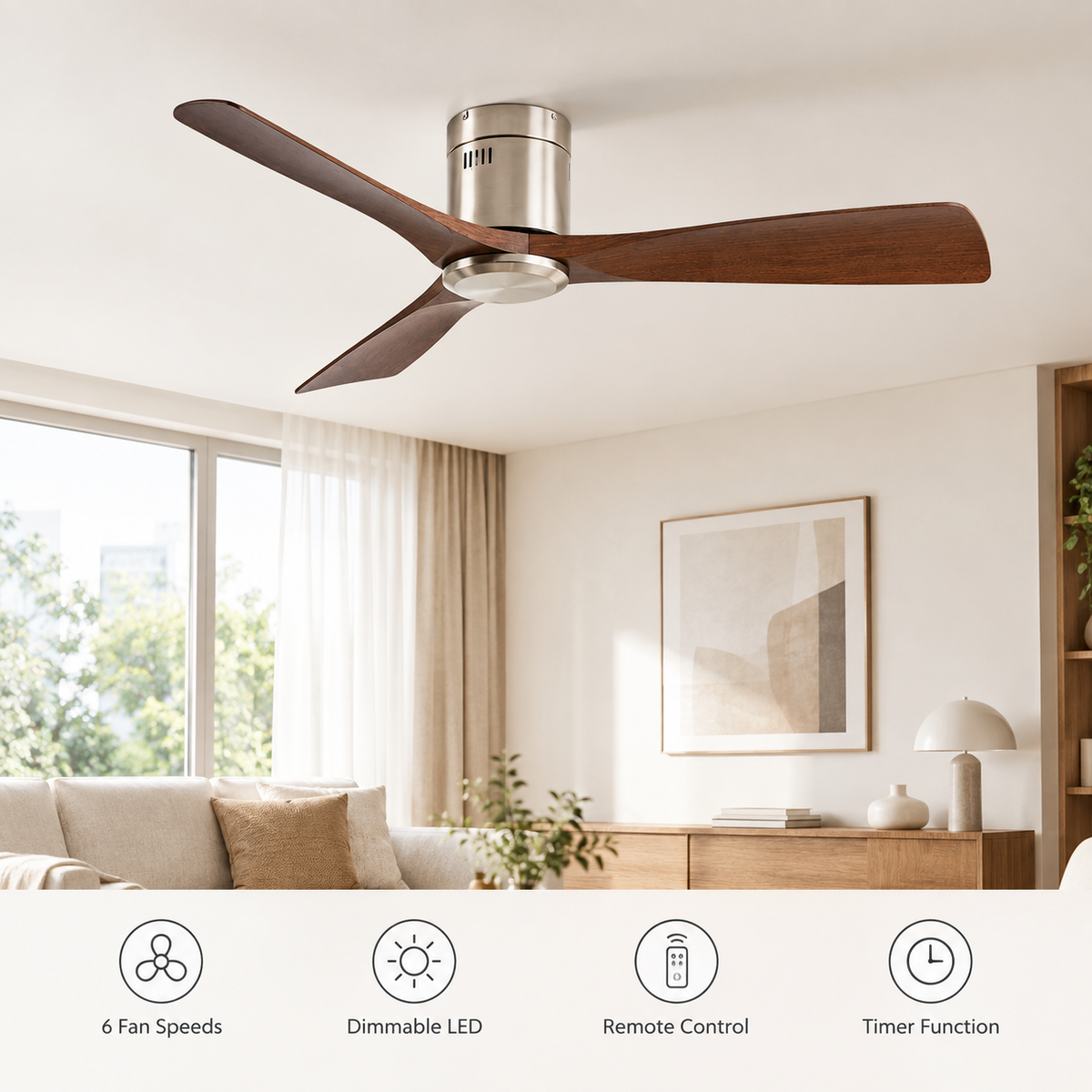 36/42/52 Inch Ultra-Thin DC Motor Ceiling Fan with Light and Remote - 6-Speed Silent Deal NO Light for Low Ceilings for Bedroom - Fonctionnalitées