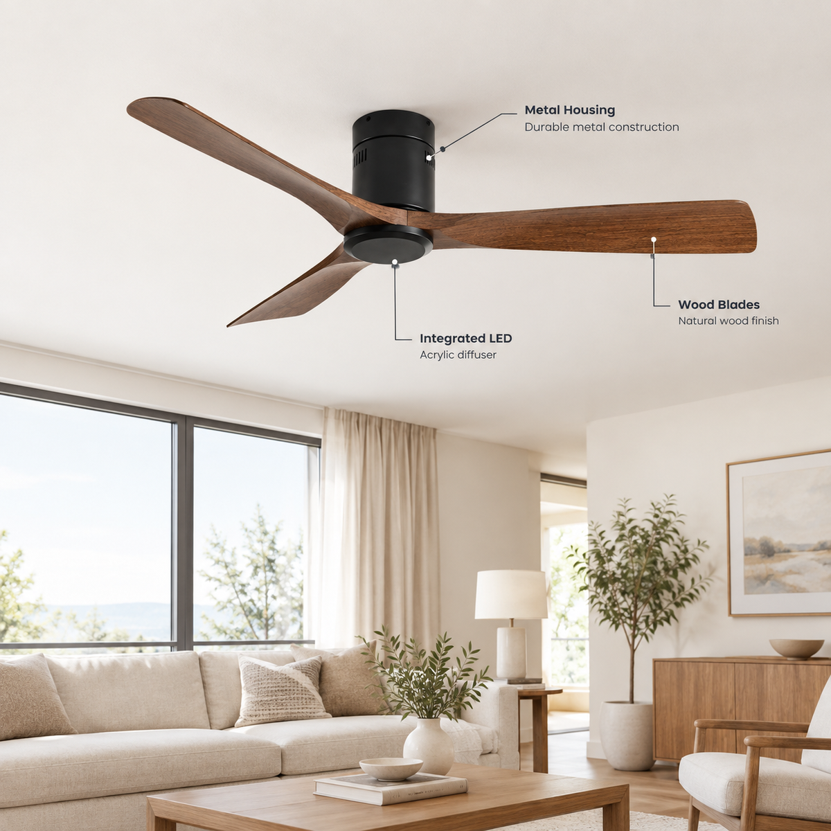 36/42/52 Inch Ultra-Thin DC Motor Ceiling Fan with Light and Remote - 6-Speed Silent Deal NO Light for Low Ceilings for Bedroom - Specs