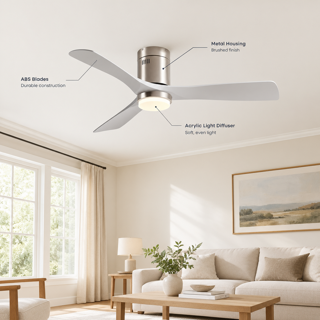36/42/52 Inch Ultra-Thin DC Motor Ceiling Fan with Light and Remote - 6-Speed Silent Deal NO Light for Low Ceilings for Bedroom - Specs