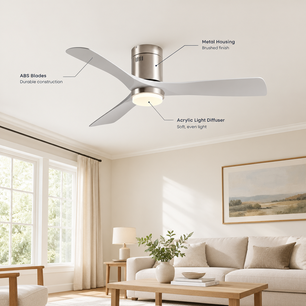 36/42/52 Inch Ultra-Thin DC Motor Ceiling Fan with Light and Remote - 6-Speed Silent Deal NO Light for Low Ceilings for Bedroom - Specs