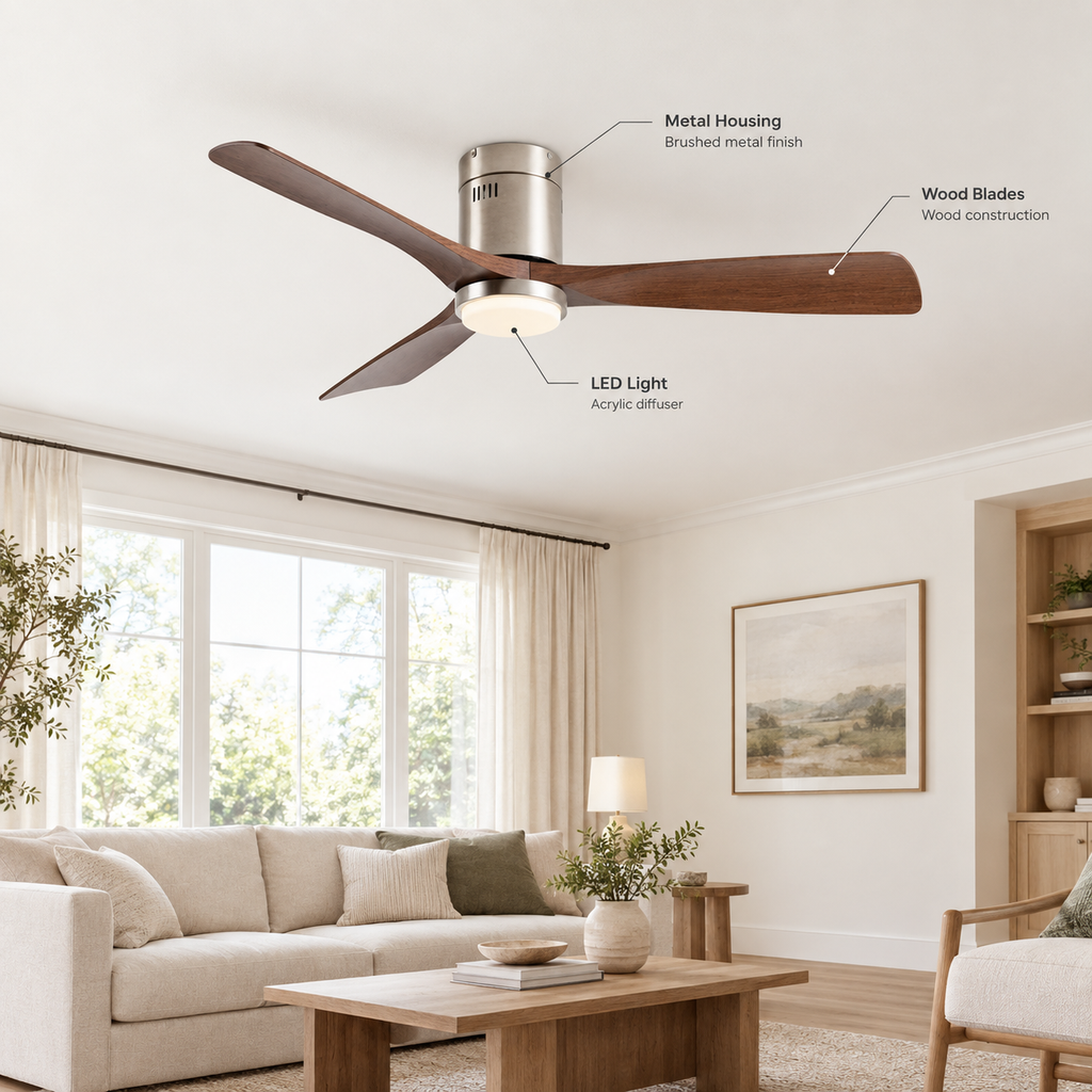 36/42/52 Inch Ultra-Thin DC Motor Ceiling Fan with Light and Remote - 6-Speed Silent Deal NO Light for Low Ceilings for Bedroom - Specs