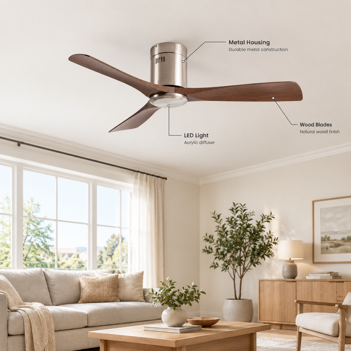 36/42/52 Inch Ultra-Thin DC Motor Ceiling Fan with Light and Remote - 6-Speed Silent Deal NO Light for Low Ceilings for Bedroom - Specs