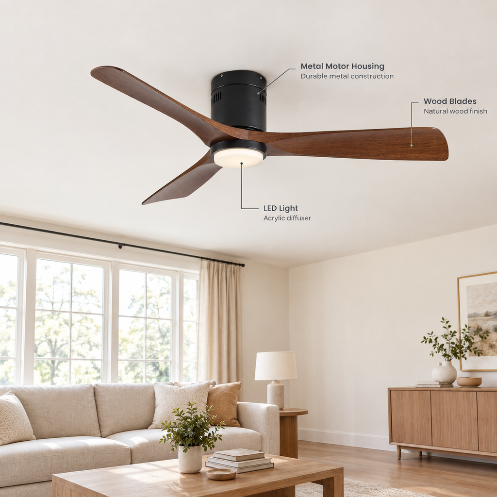 36/42/52 Inch Ultra-Thin DC Motor Ceiling Fan with Light and Remote - 6-Speed Silent Deal NO Light for Low Ceilings for Bedroom - Specs