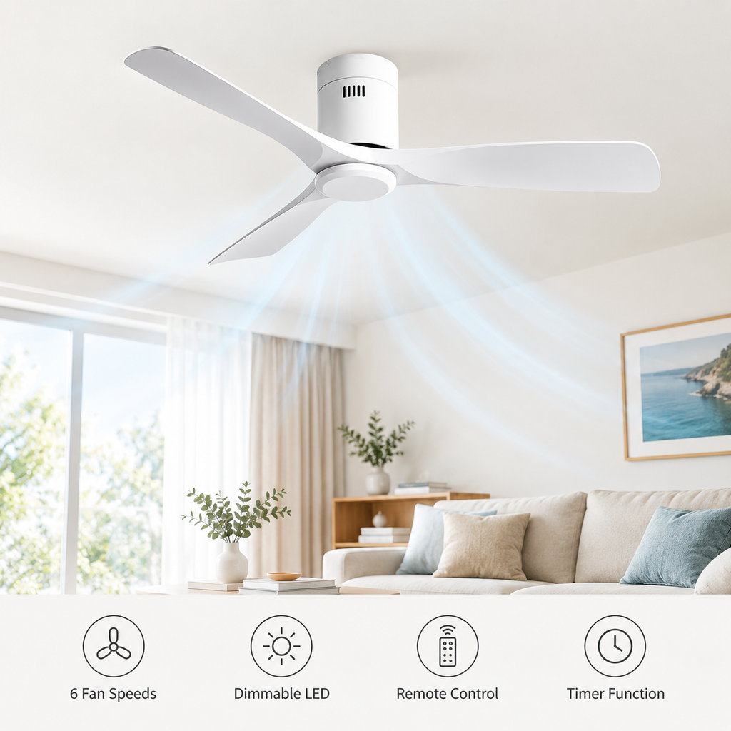 36/42/52 Inch Ultra-Thin DC Motor Ceiling Fan with Light and Remote - 6-Speed Silent Deal NO Light for Low Ceilings for Bedroom - Fonctionnalitées