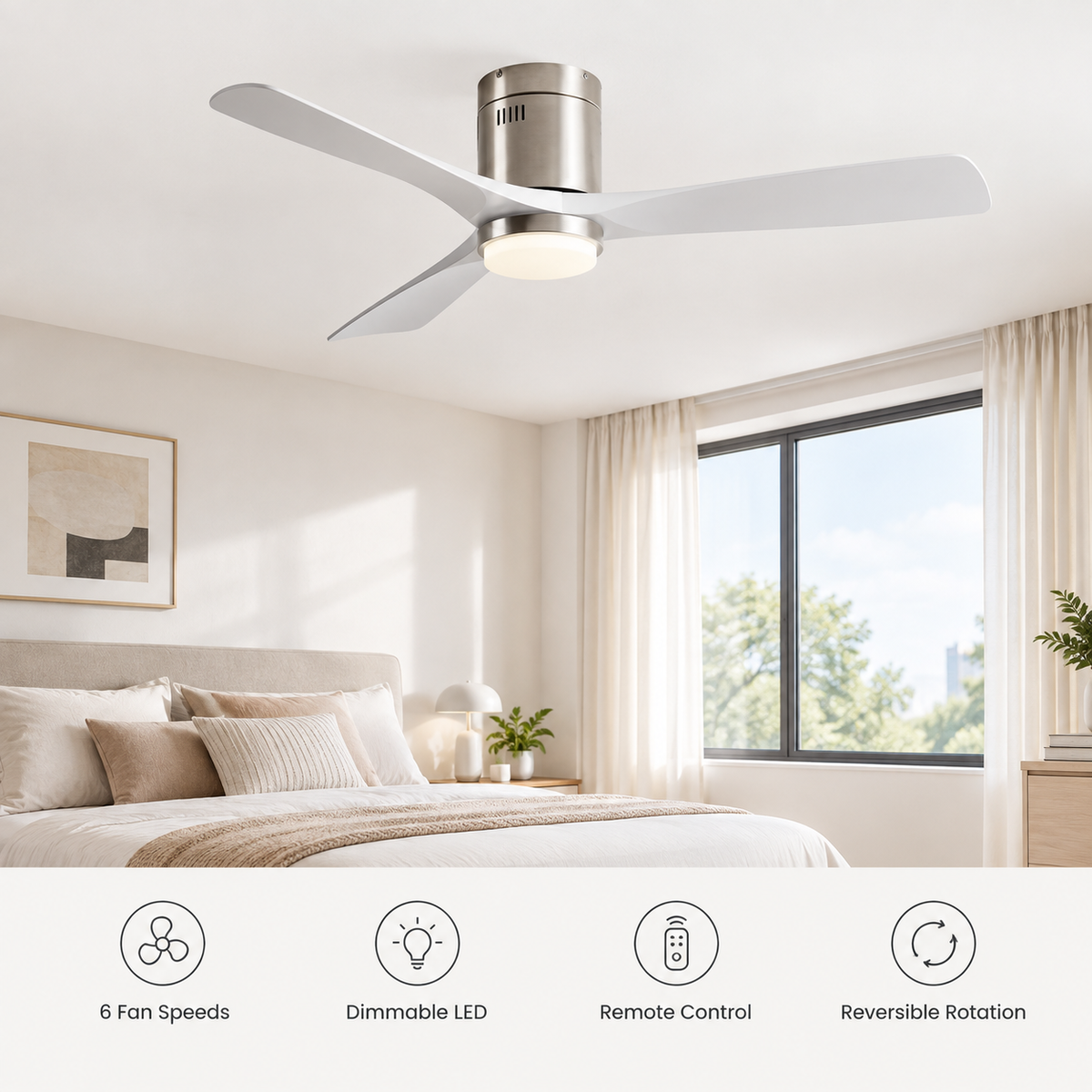 36/42/52 Inch Ultra-Thin DC Motor Ceiling Fan with Light and Remote - 6-Speed Silent Deal NO Light for Low Ceilings for Bedroom - Fonctionnalitées