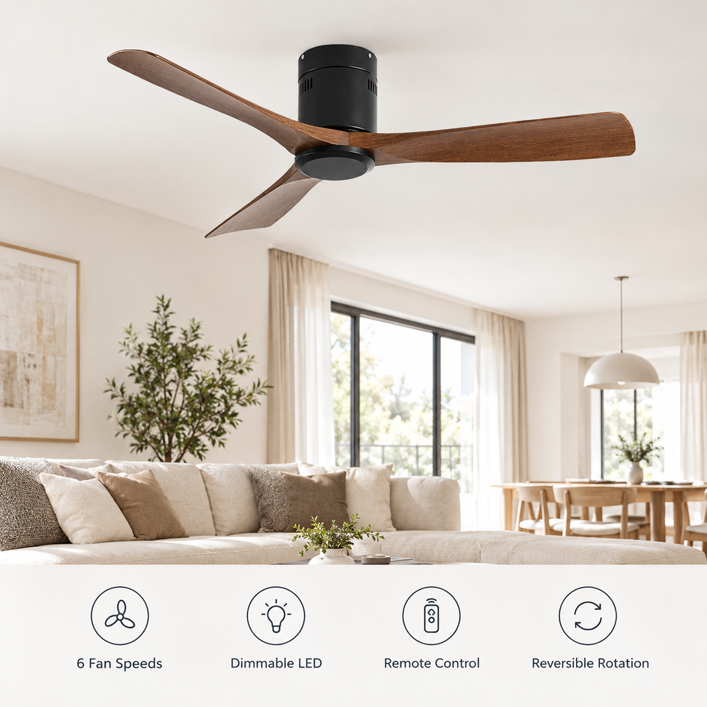 36/42/52 Inch Ultra-Thin DC Motor Ceiling Fan with Light and Remote - 6-Speed Silent Deal NO Light for Low Ceilings for Bedroom - Fonctionnalitées