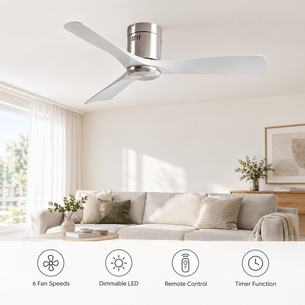 36/42/52 Inch Ultra-Thin DC Motor Ceiling Fan with Light and Remote - 6-Speed Silent Deal NO Light for Low Ceilings for Bedroom - Fonctionnalitées