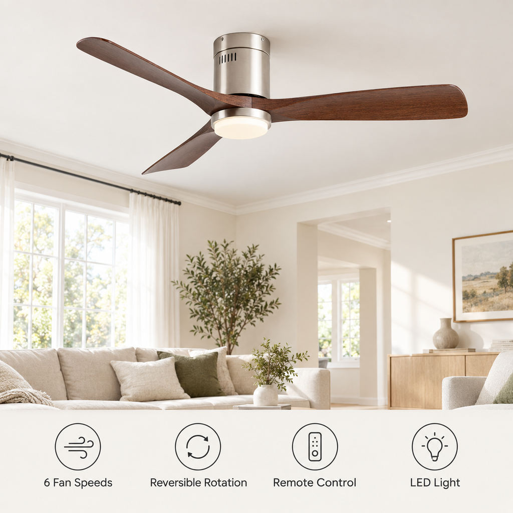 36/42/52 Inch Ultra-Thin DC Motor Ceiling Fan with Light and Remote - 6-Speed Silent Deal NO Light for Low Ceilings for Bedroom - Fonctionnalitées
