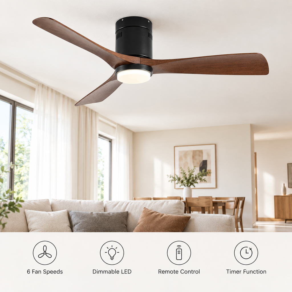 36/42/52 Inch Ultra-Thin DC Motor Ceiling Fan with Light and Remote - 6-Speed Silent Deal NO Light for Low Ceilings for Bedroom - Fonctionnalitées