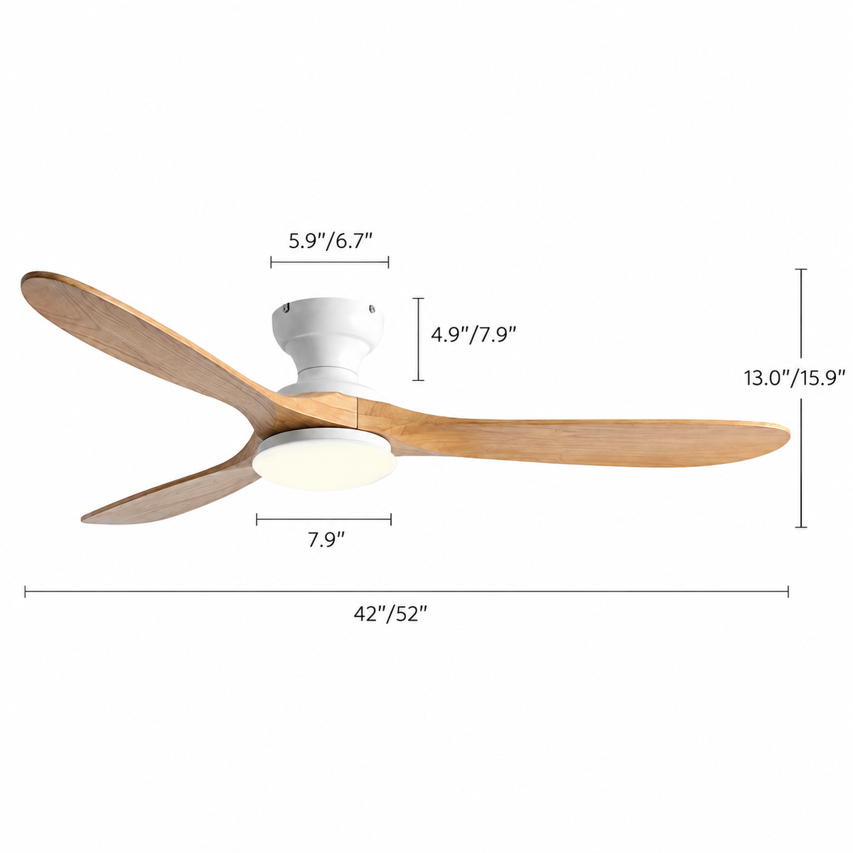 36/42/52inch Low Floor Ceiling Fan Light Remote Control Led Lights Indoor Restaurant Solid Wood Fan Leaves With Fan Chandelier - Dimensions