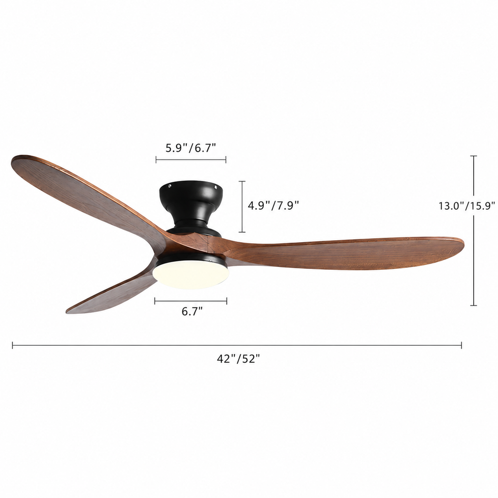36/42/52inch Low Floor Ceiling Fan Light Remote Control Led Lights Indoor Restaurant Solid Wood Fan Leaves With Fan Chandelier - Dimensions