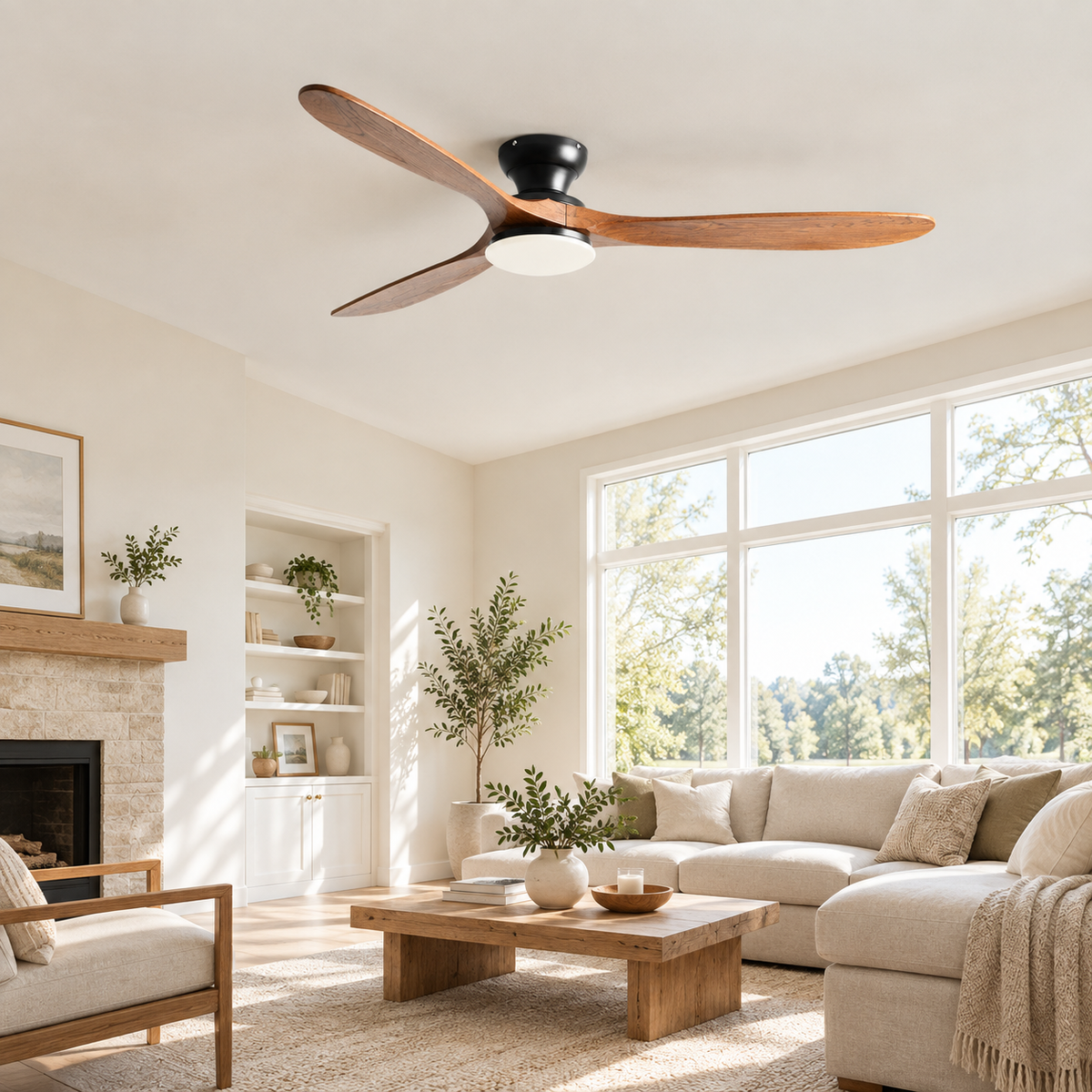 36/42/52inch Low Floor Ceiling Fan Light Remote Control Led Lights Indoor Restaurant Solid Wood Fan Leaves With Fan Chandelier - Image 1 Image