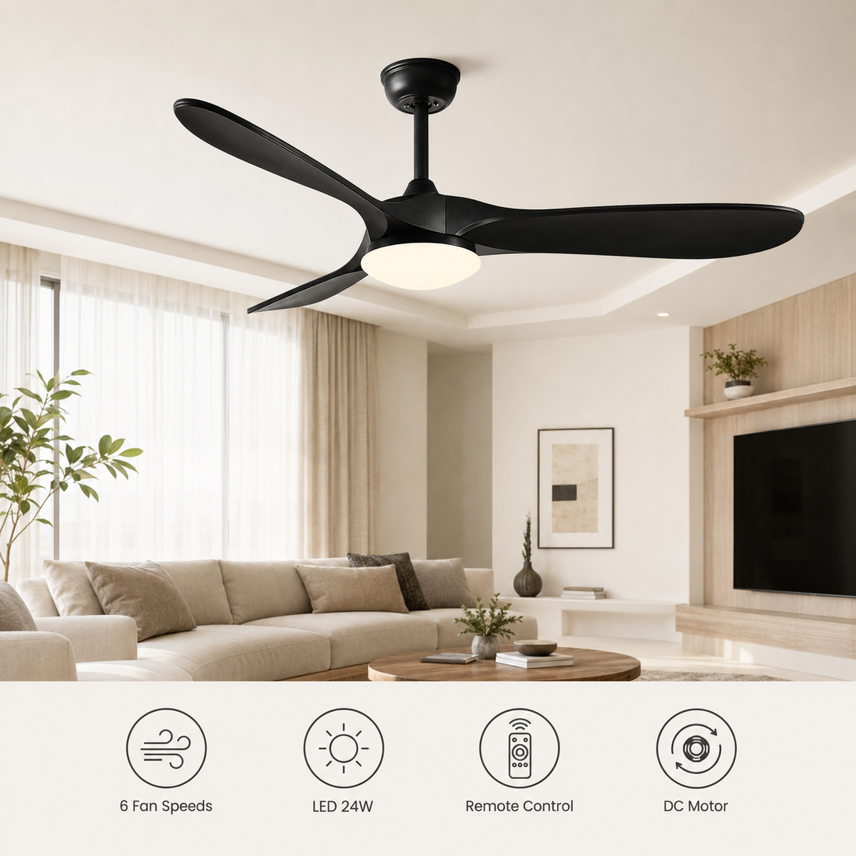 36-60 Inch Ceiling Fan Industrial Vintage ABS Ventilator with LED Light and Remote Control Decorative Blower Retro Large Fans - Fonctionnalitées
