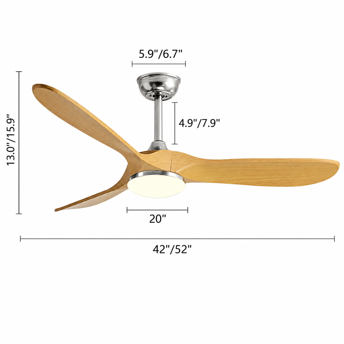 36-60 Inch Ceiling Fan Industrial Vintage ABS Ventilator with LED Light and Remote Control Decorative Blower Retro Large Fans - Dimensions